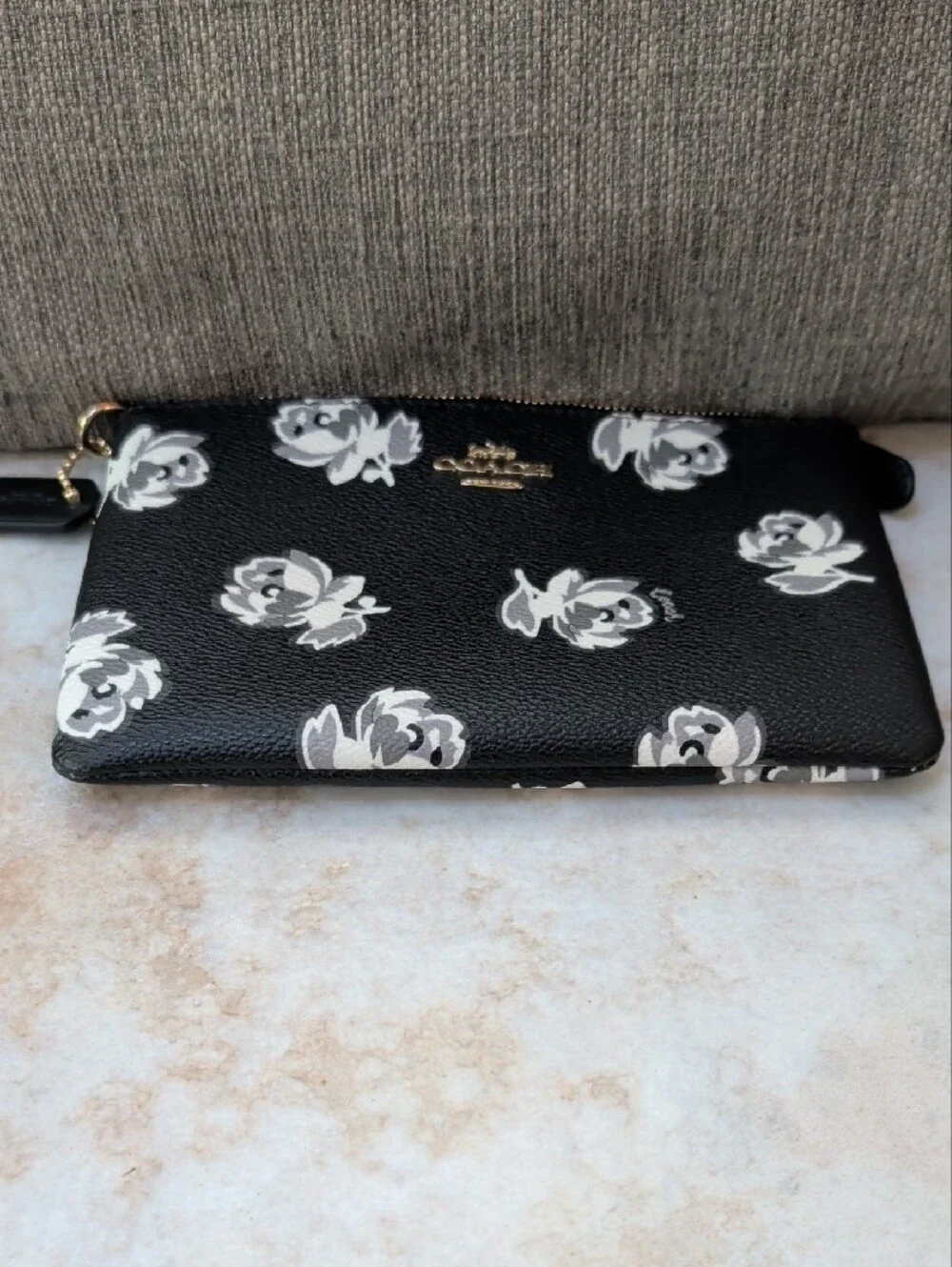 Coach Black Floral Zip Wristlet with Gold Hardware EUC